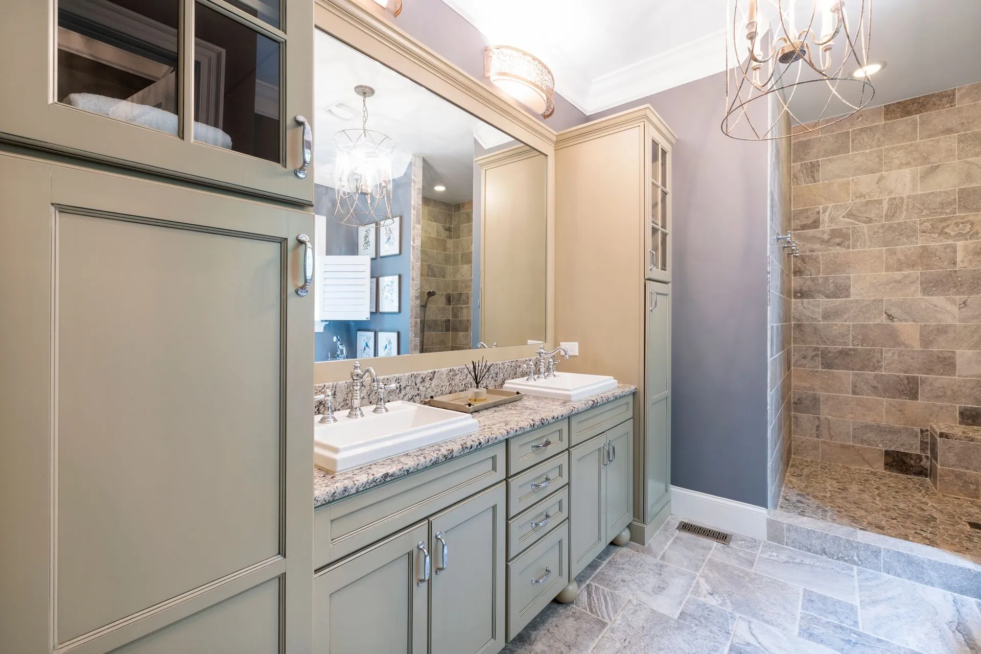 Bathroom double vanity with tiled shower