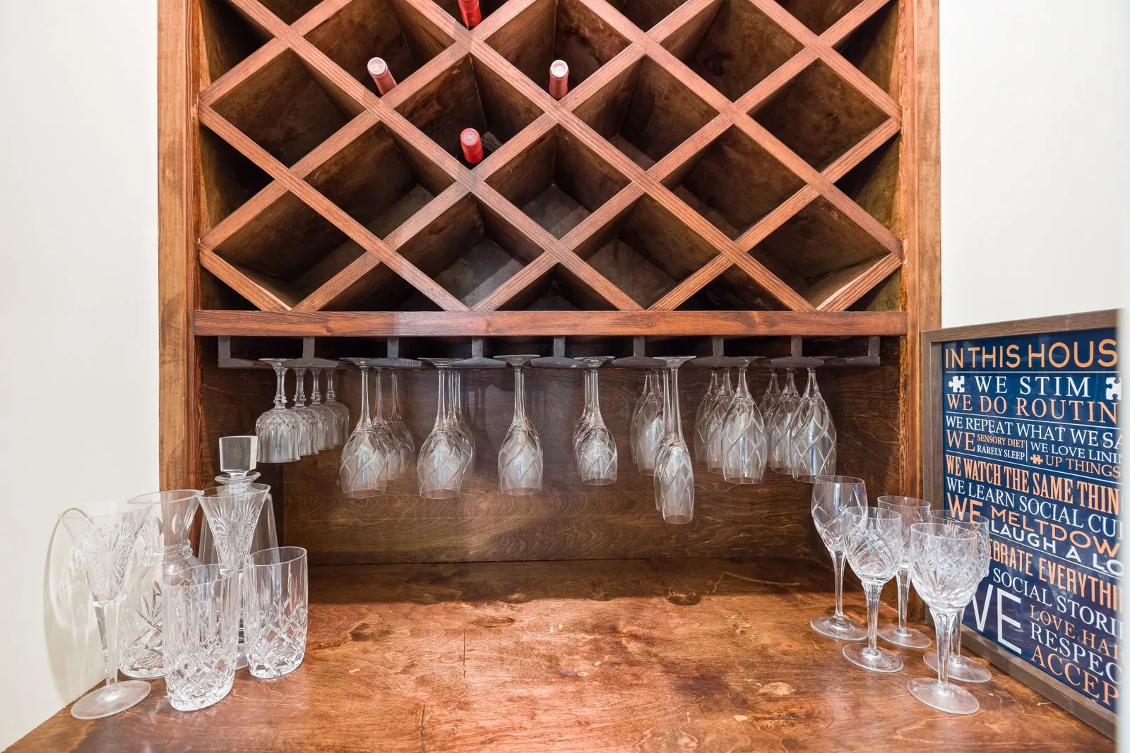 Built-in wine rack and glass storage